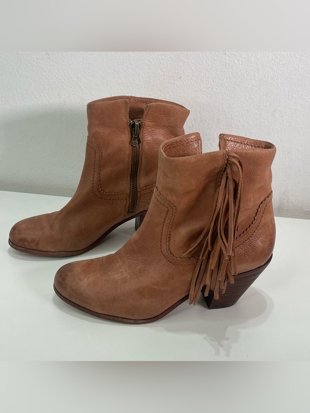 Sam Edelman Louie Tan Leather Fringe Western Ankle Boots 10 M Festival Boho Fall